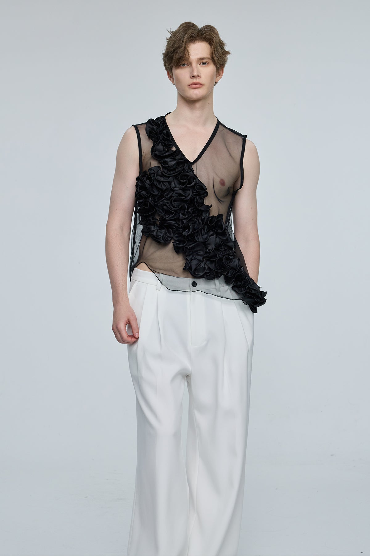 Global Glow Mesh Ruffle Sleeveless Top Black