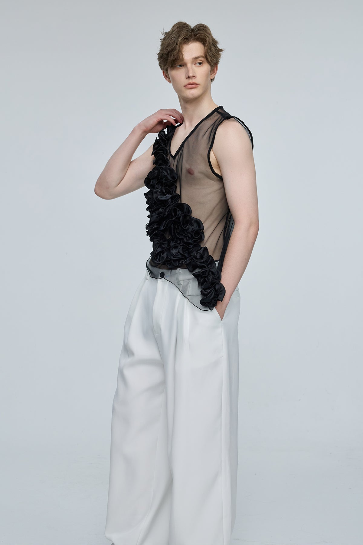 Global Glow Mesh Ruffle Sleeveless Top Black