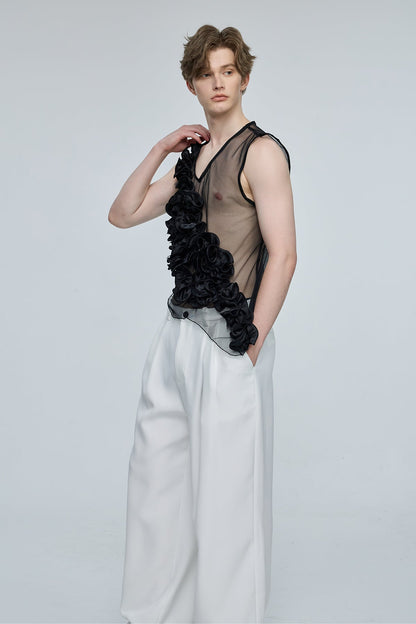 Global Glow Mesh Ruffle Sleeveless Top Black