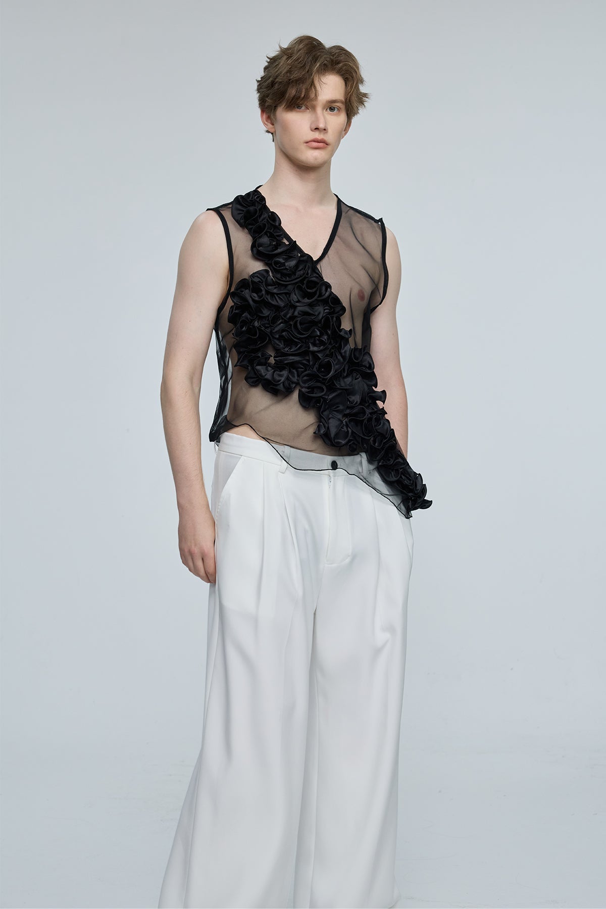 Global Glow Mesh Ruffle Sleeveless Top Black