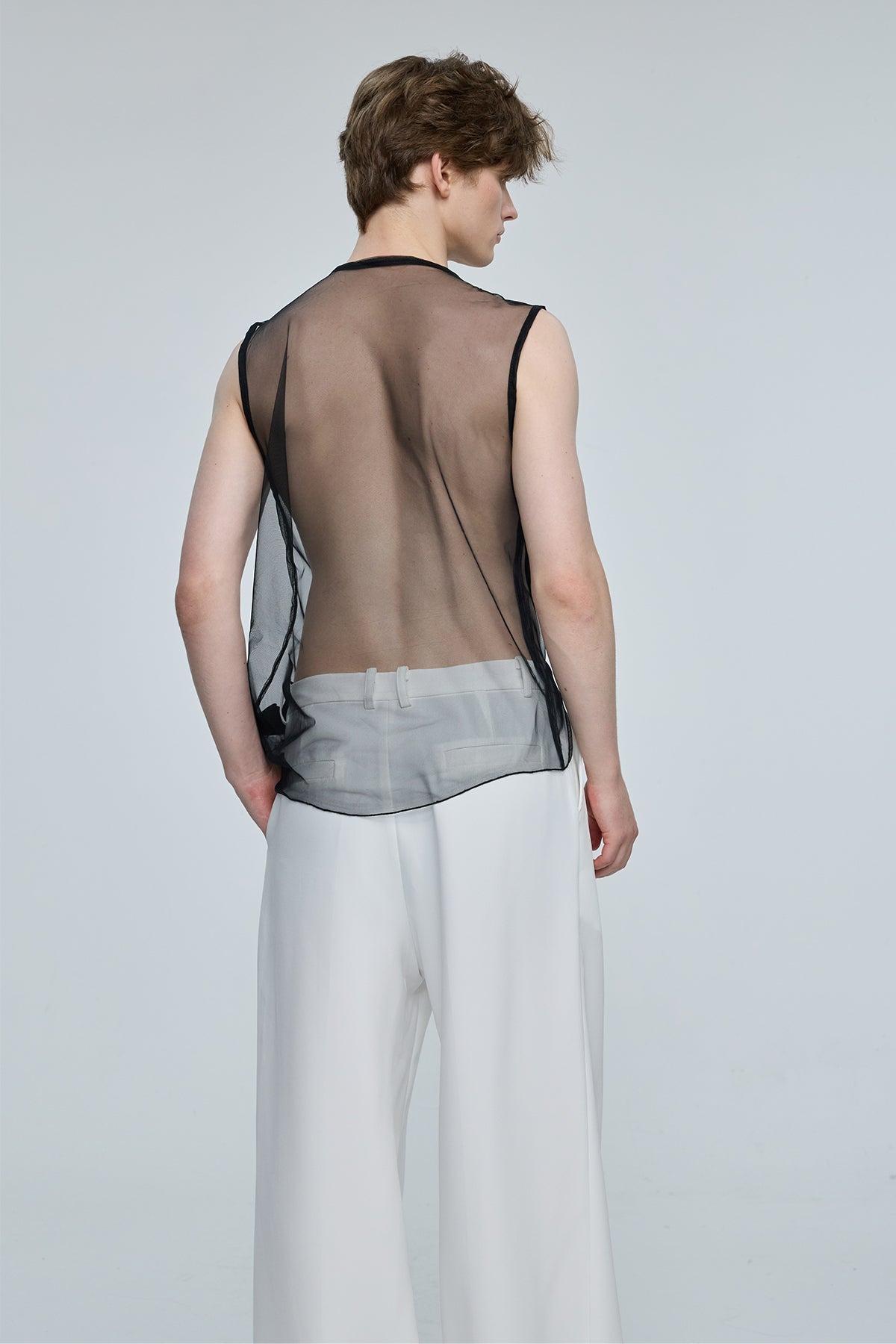 Global Glow Mesh Ruffle Sleeveless Top Black