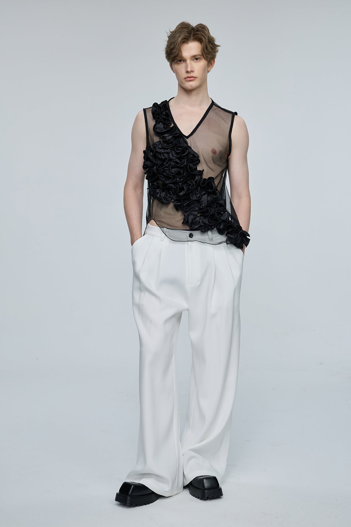 Global Glow Mesh Ruffle Sleeveless Top Black