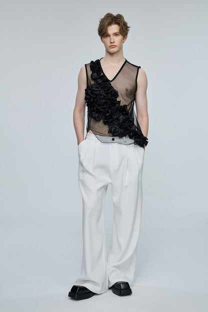 Global Glow Mesh Ruffle Sleeveless Top Black