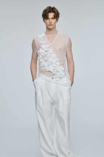 Global Glow Mesh Ruffle Sleeveless Top White