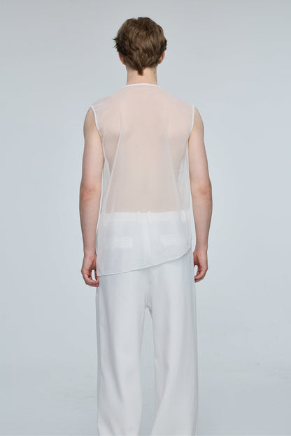 Global Glow Mesh Ruffle Sleeveless Top White