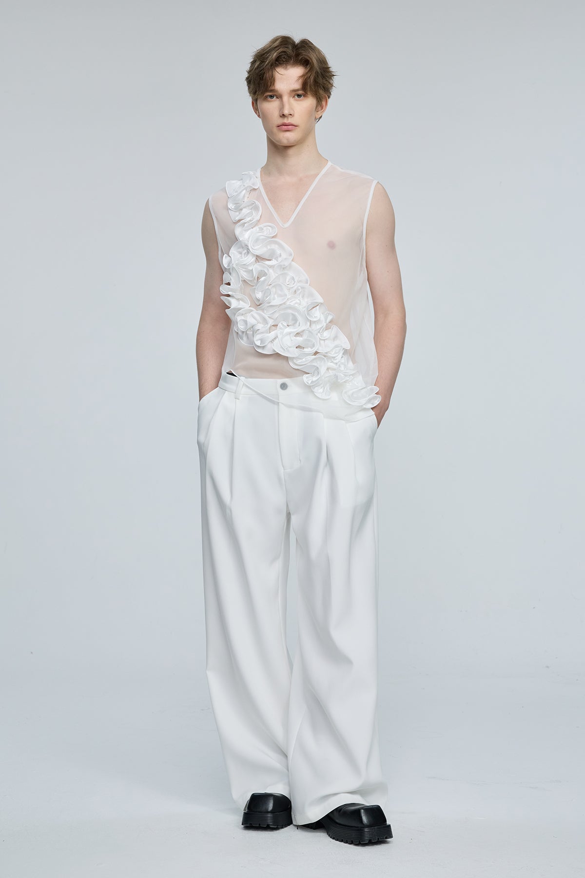 Global Glow Mesh Ruffle Sleeveless Top White