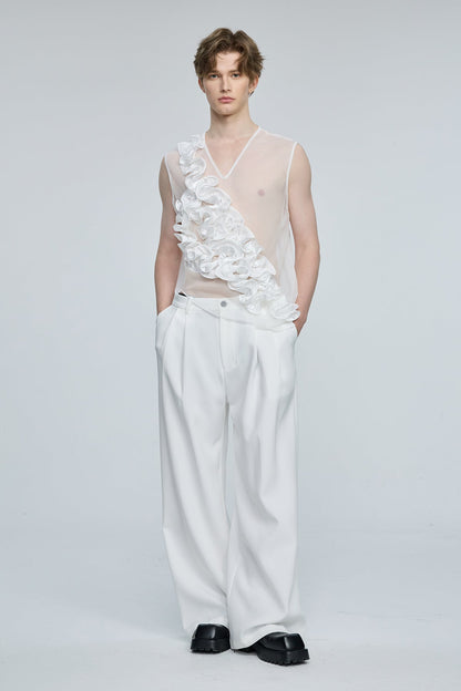 Global Glow Mesh Ruffle Sleeveless Top White