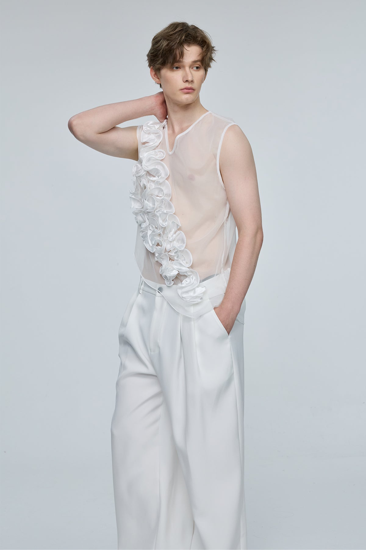Global Glow Mesh Ruffle Sleeveless Top White