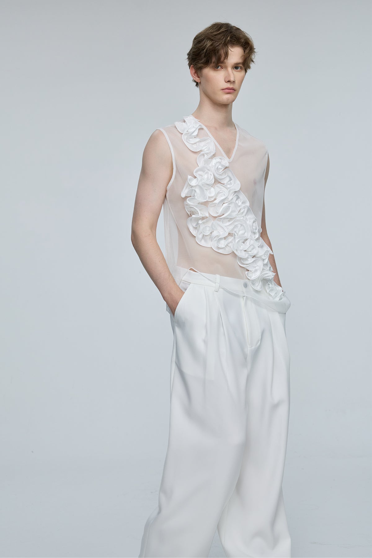 Global Glow Mesh Ruffle Sleeveless Top White