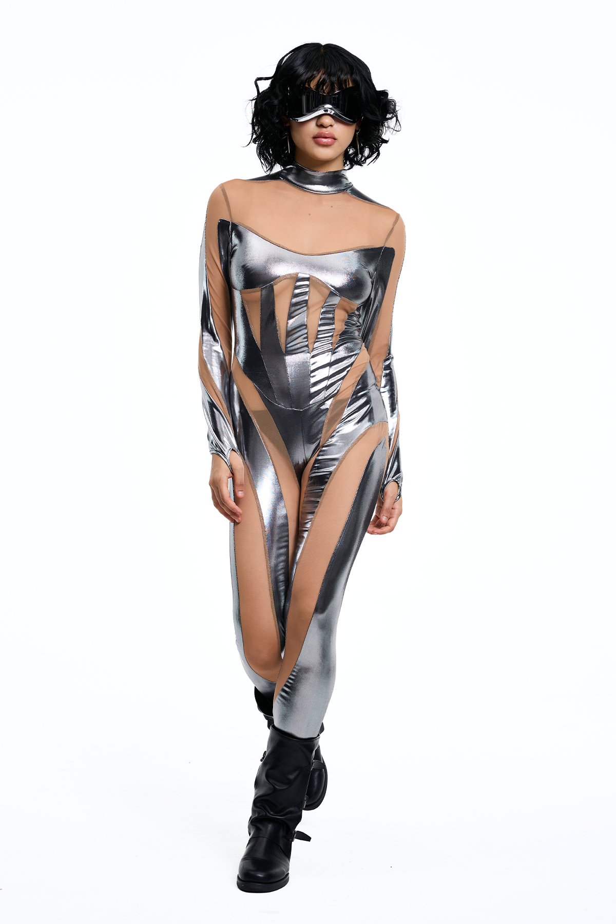 Grid Mood Mesh Long Sleeve Jumpsuit