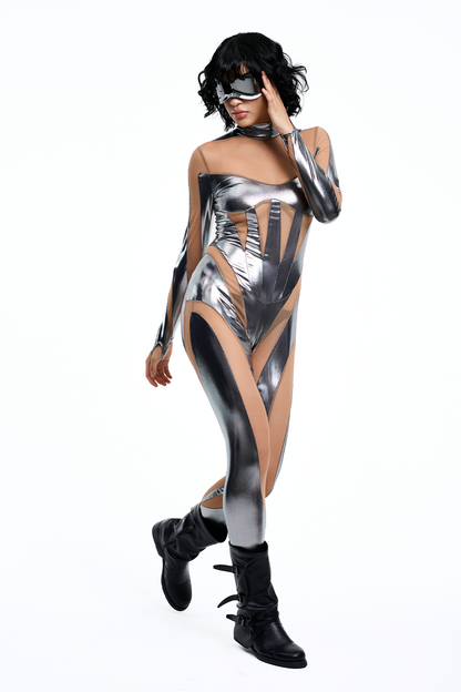 Grid Mood Mesh Long Sleeve Jumpsuit