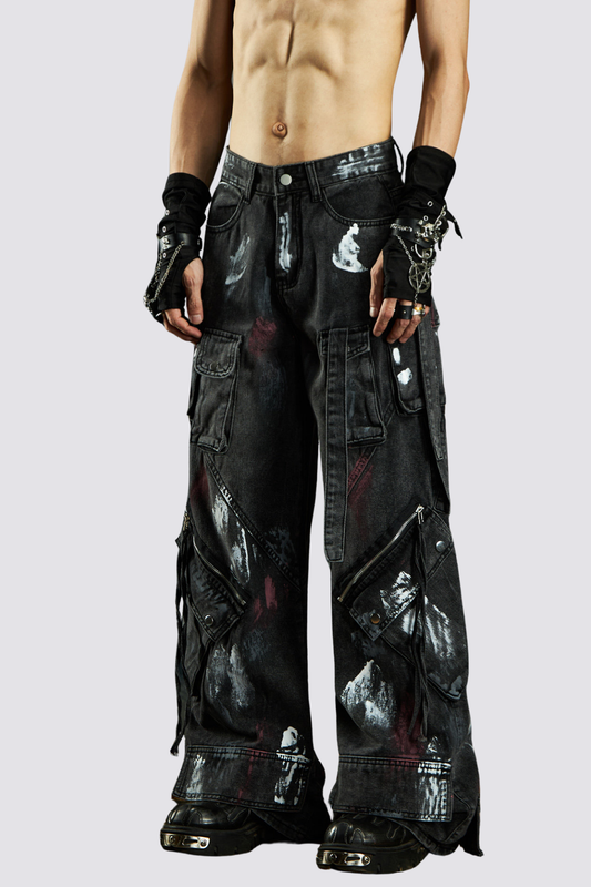 Grid Thread Straight Jeans Black
