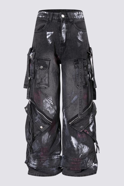 Grid Thread Straight Jeans Black