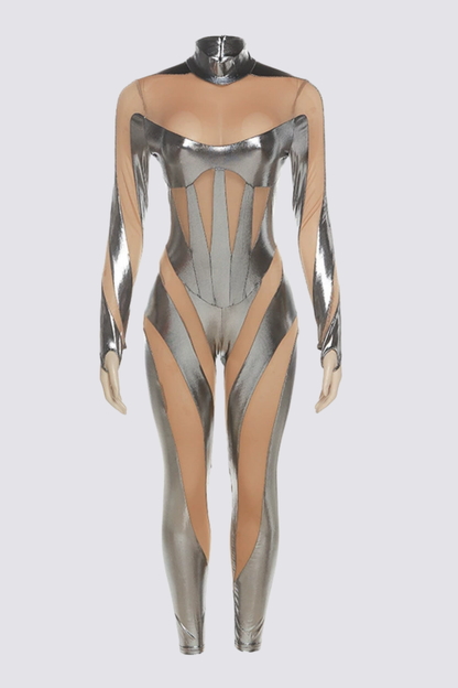 Grid Mood Mesh Long Sleeve Jumpsuit