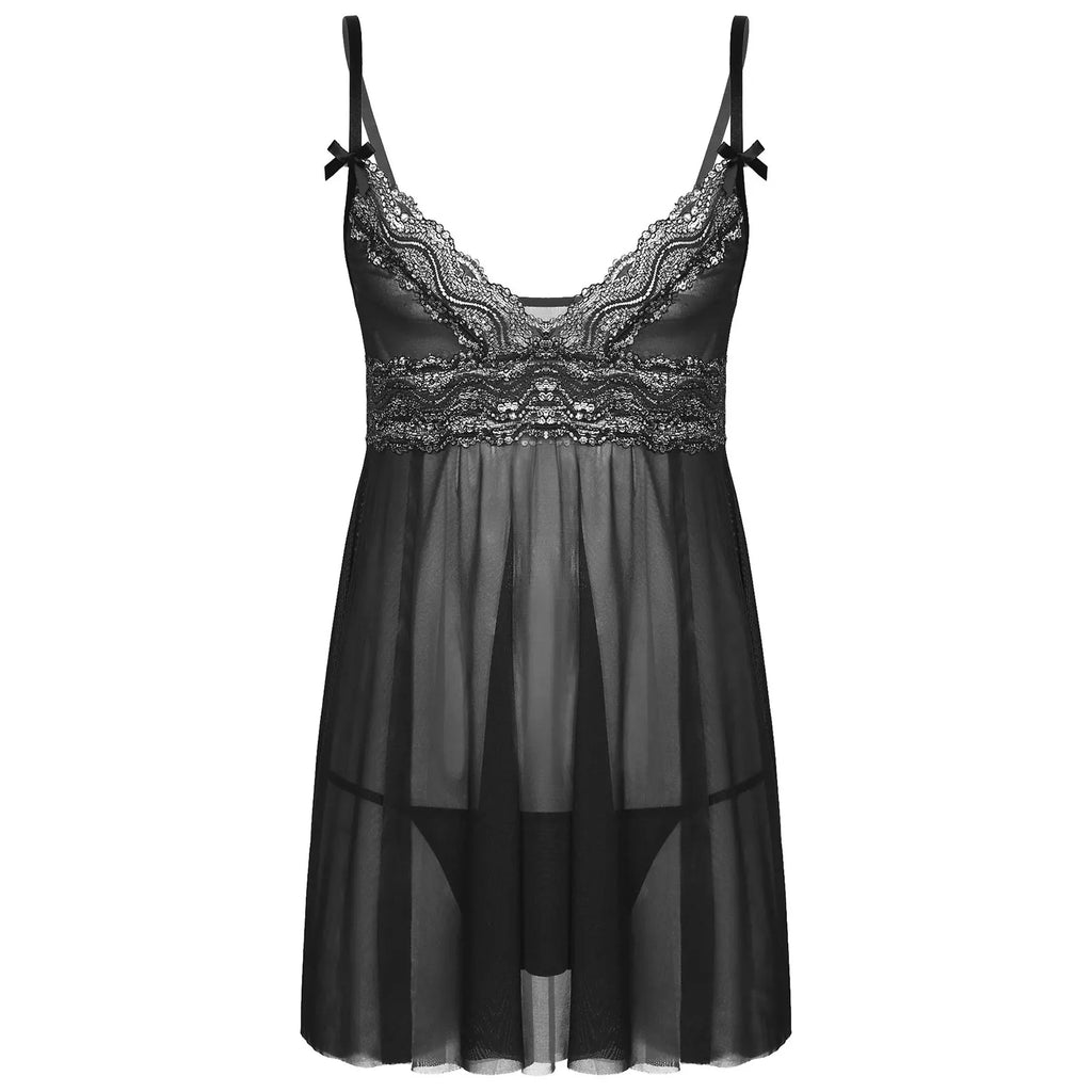 Mesh Floral Lace Sissy Mini Nightgown Set