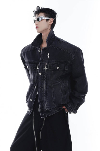 Heavyweight Denim Jacket - Washed Shoulder Pads & Metal Zipper Design