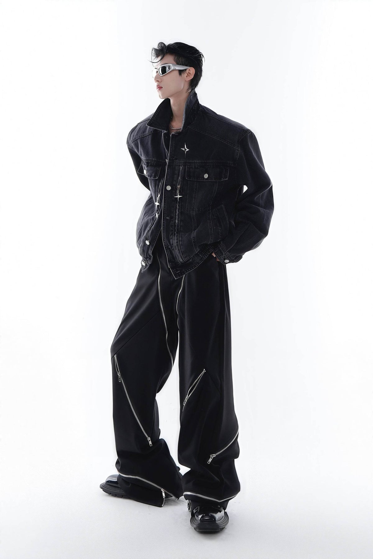 Heavyweight Denim Jacket - Washed Shoulder Pads & Metal Zipper Design