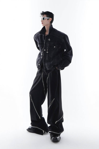 Heavyweight Denim Jacket - Washed Shoulder Pads & Metal Zipper Design