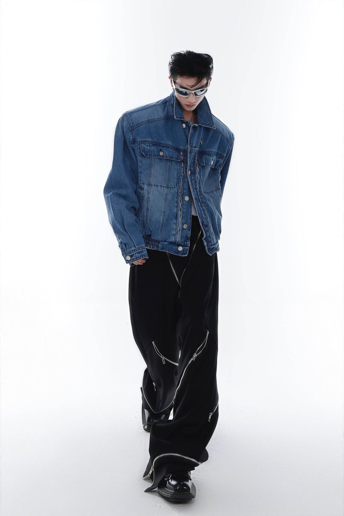 Heavyweight Denim Jacket - Washed Shoulder Pads & Metal Zipper Design