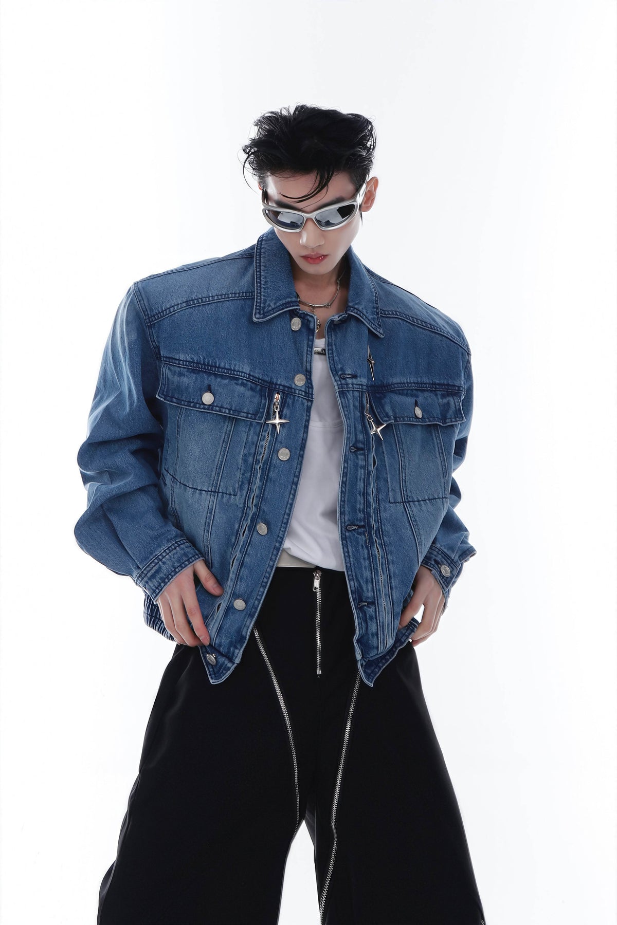 Heavyweight Denim Jacket - Washed Shoulder Pads & Metal Zipper Design