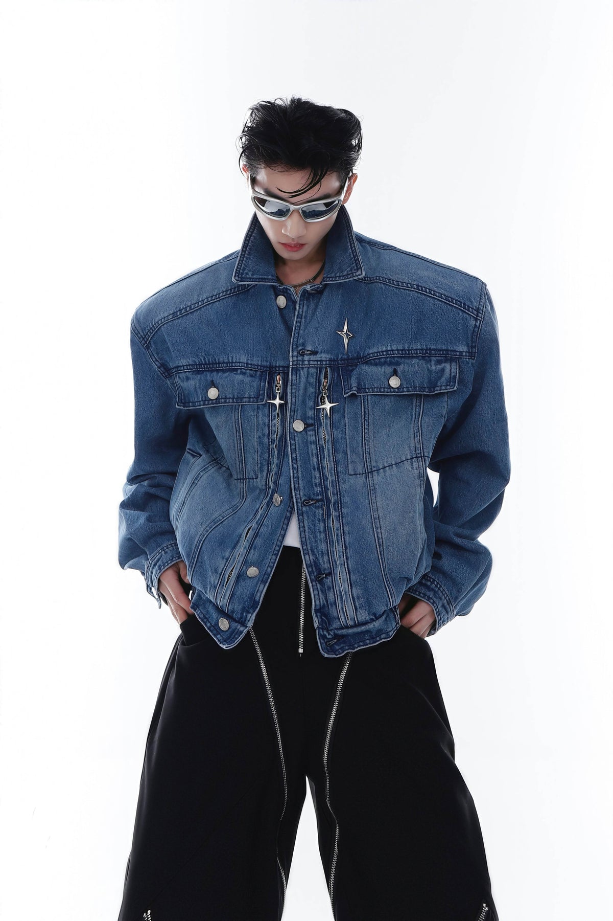 Heavyweight Denim Jacket - Washed Shoulder Pads & Metal Zipper Design