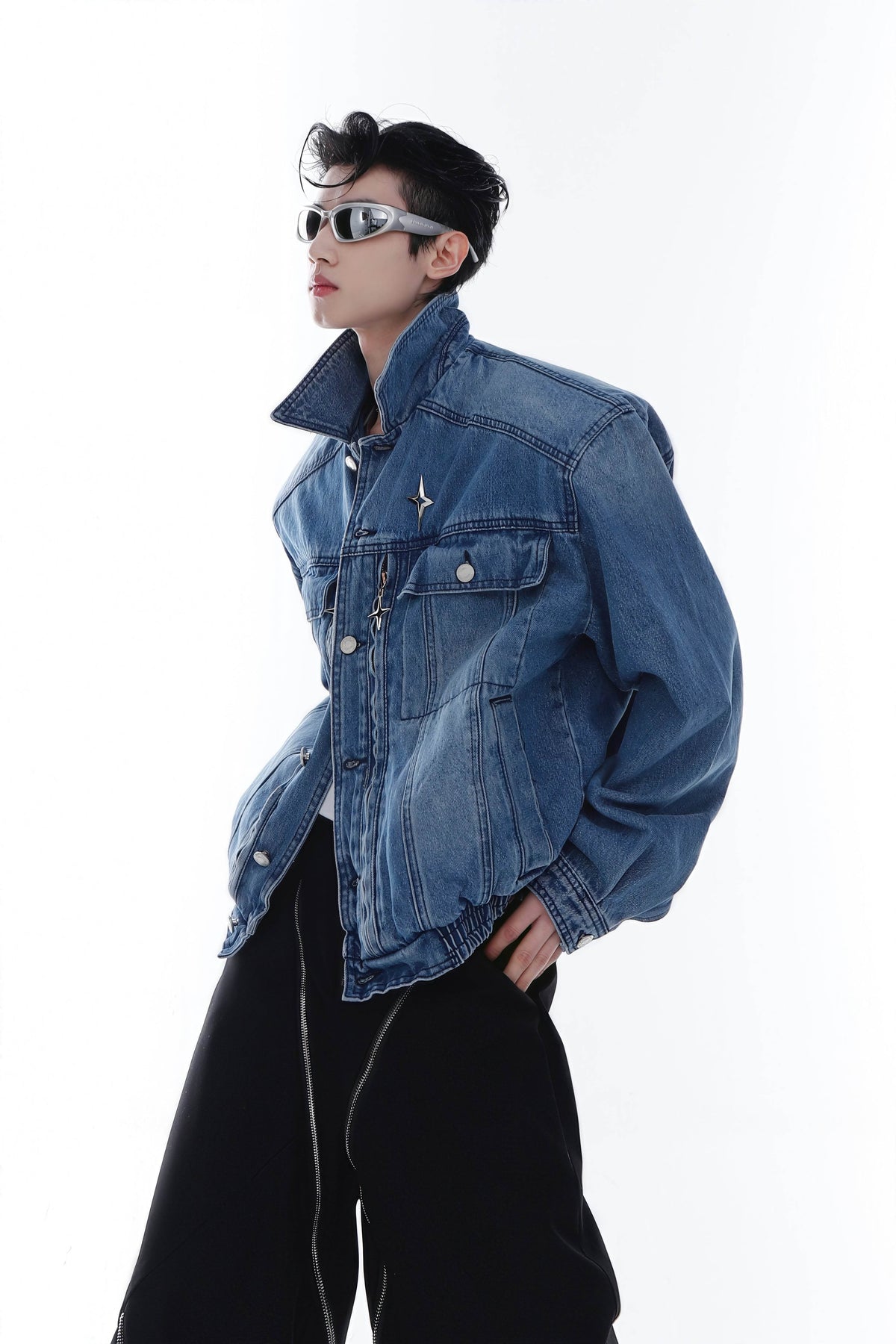 Heavyweight Denim Jacket - Washed Shoulder Pads & Metal Zipper Design