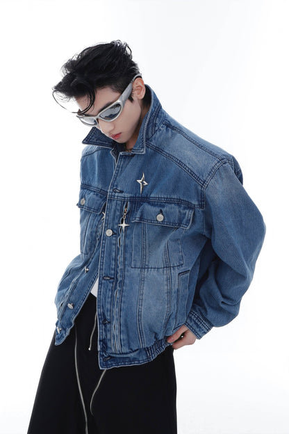 Heavyweight Denim Jacket - Washed Shoulder Pads & Metal Zipper Design
