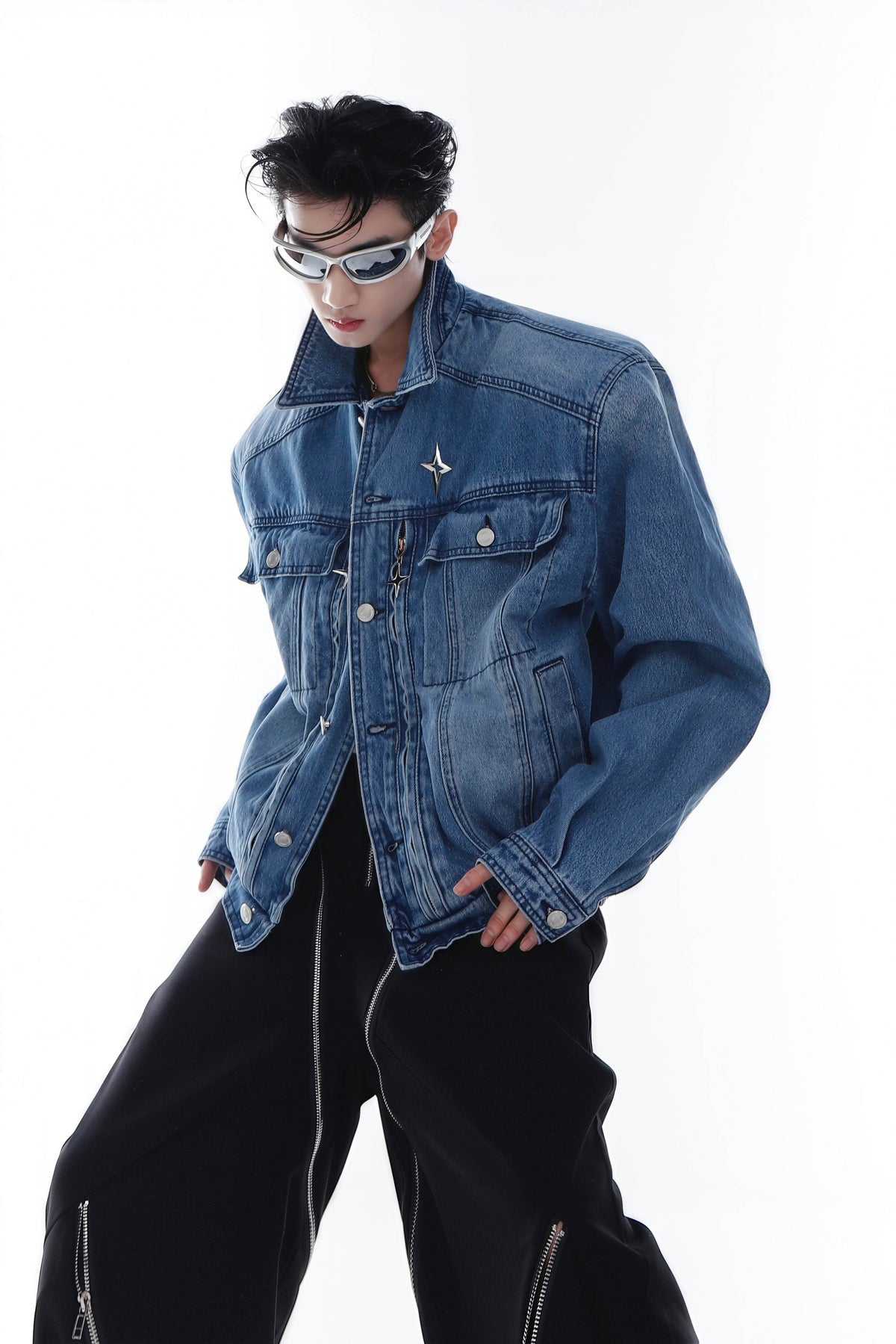 Heavyweight Denim Jacket - Washed Shoulder Pads & Metal Zipper Design