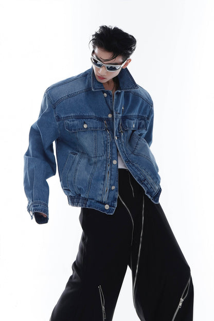 Heavyweight Denim Jacket - Washed Shoulder Pads & Metal Zipper Design