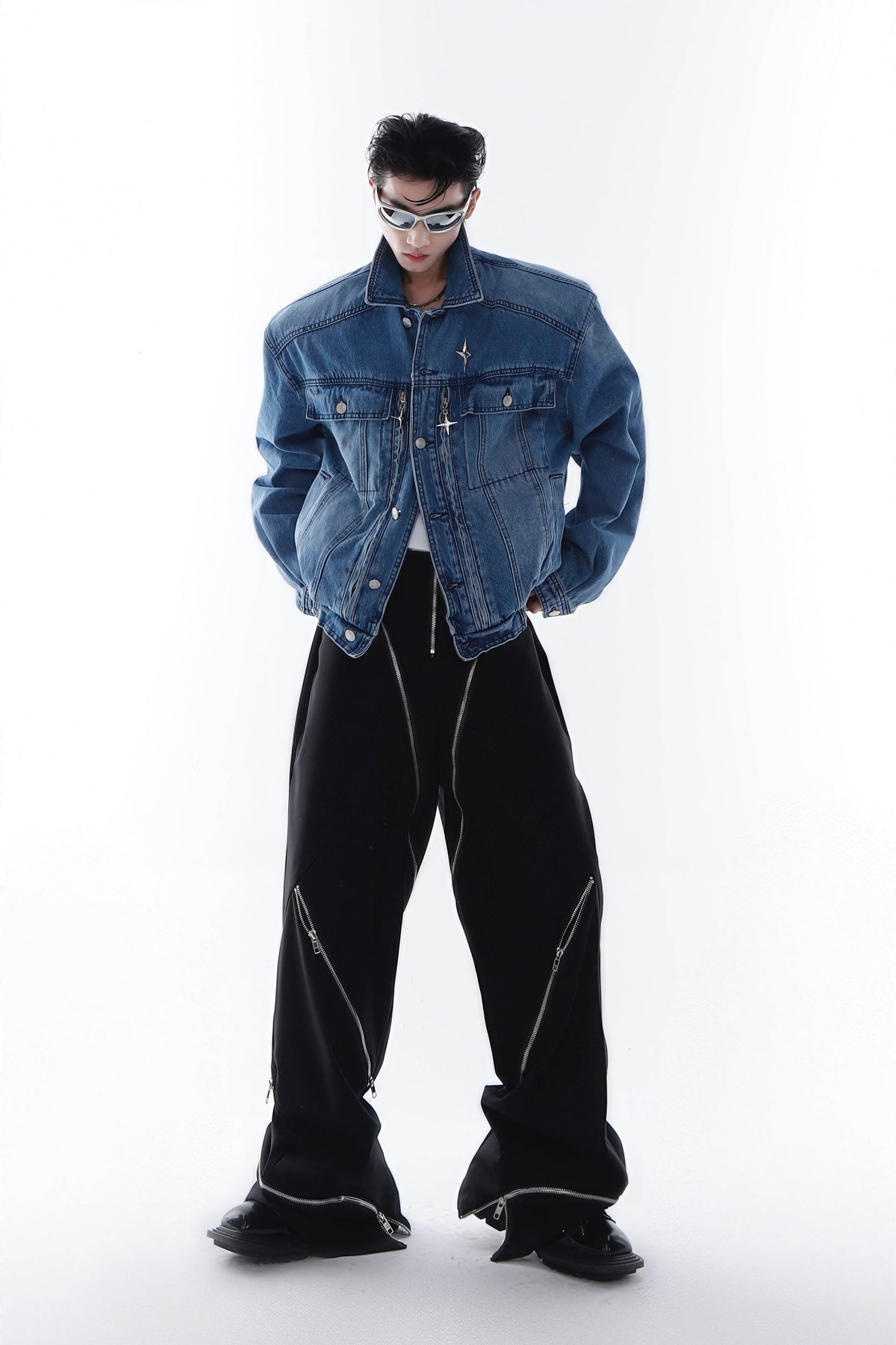 Heavyweight Denim Jacket - Washed Shoulder Pads & Metal Zipper Design