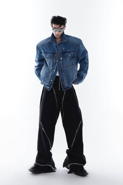 Heavyweight Denim Jacket - Washed Shoulder Pads & Metal Zipper Design