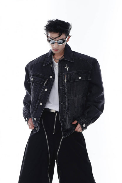 Heavyweight Denim Jacket - Washed Shoulder Pads & Metal Zipper Design