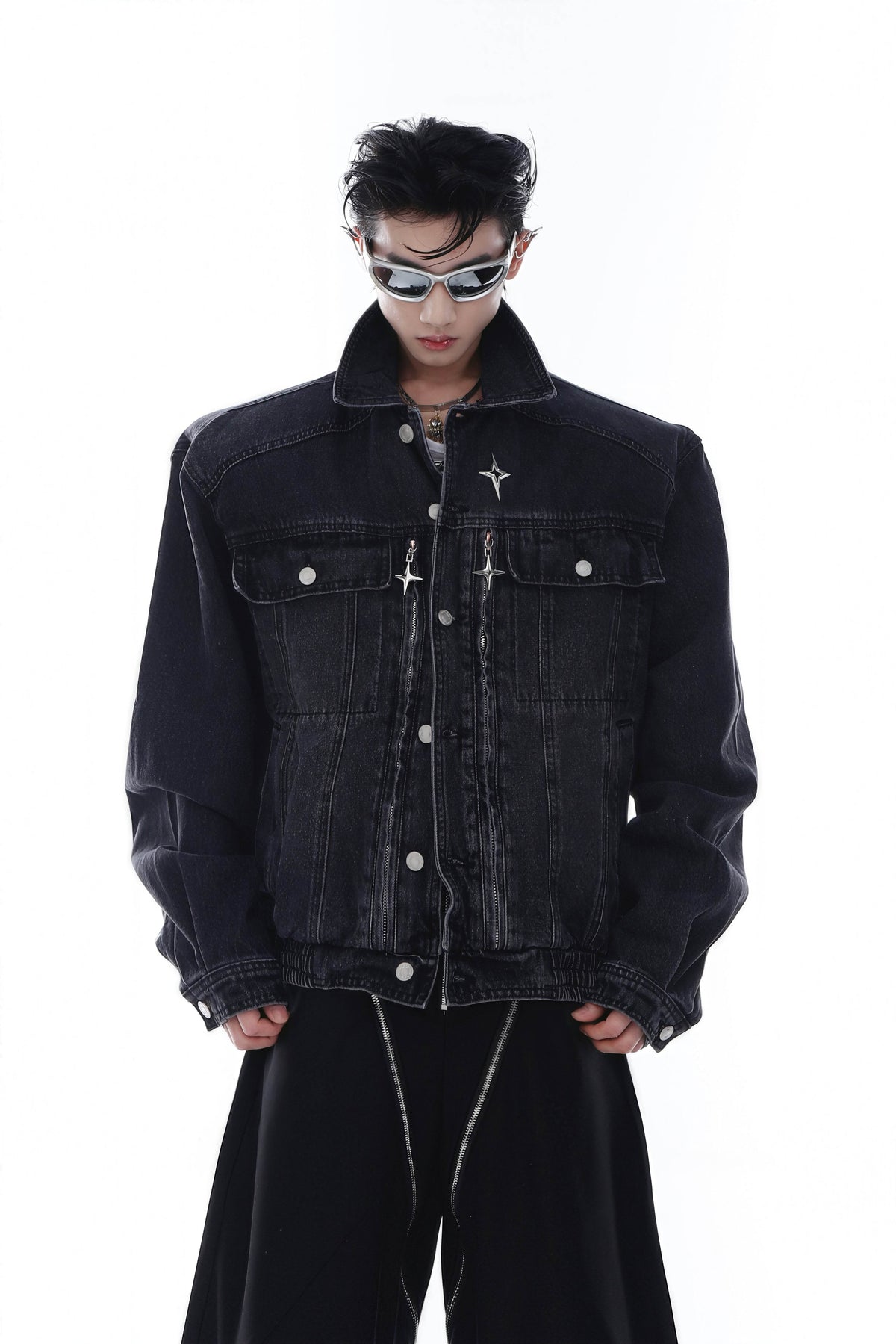 Heavyweight Denim Jacket - Washed Shoulder Pads & Metal Zipper Design