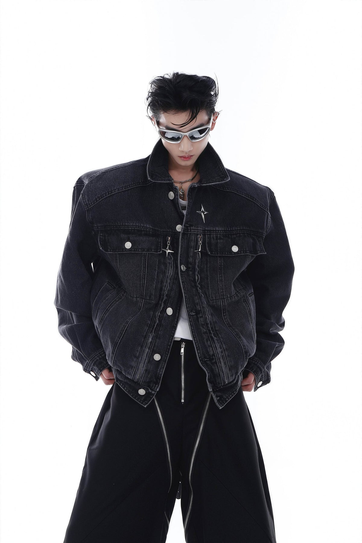 Heavyweight Denim Jacket - Washed Shoulder Pads & Metal Zipper Design