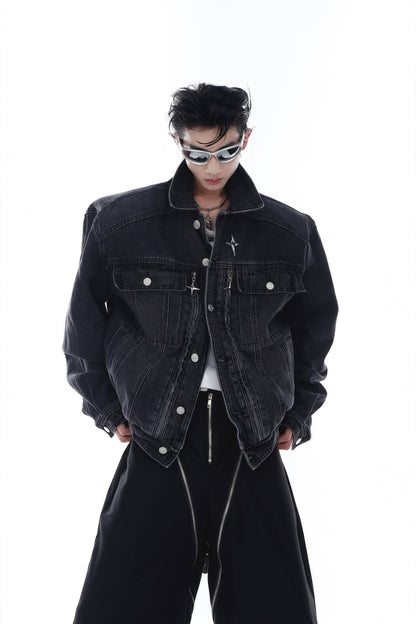 Heavyweight Denim Jacket - Washed Shoulder Pads & Metal Zipper Design