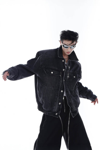 Heavyweight Denim Jacket - Washed Shoulder Pads & Metal Zipper Design