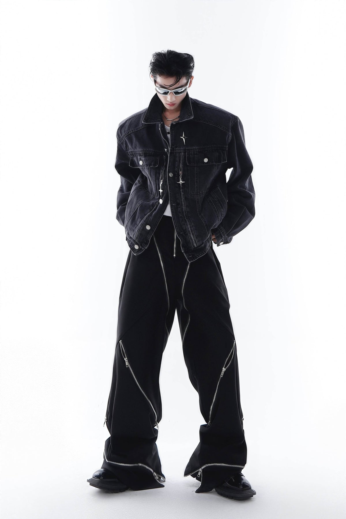 Heavyweight Denim Jacket - Washed Shoulder Pads & Metal Zipper Design