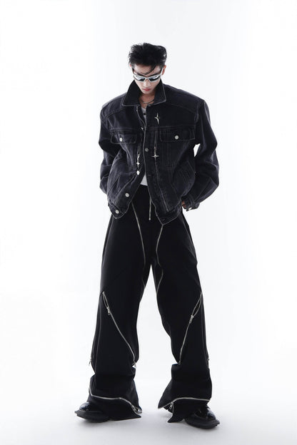 Heavyweight Denim Jacket - Washed Shoulder Pads & Metal Zipper Design