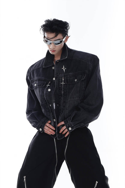 Heavyweight Denim Jacket - Washed Shoulder Pads & Metal Zipper Design
