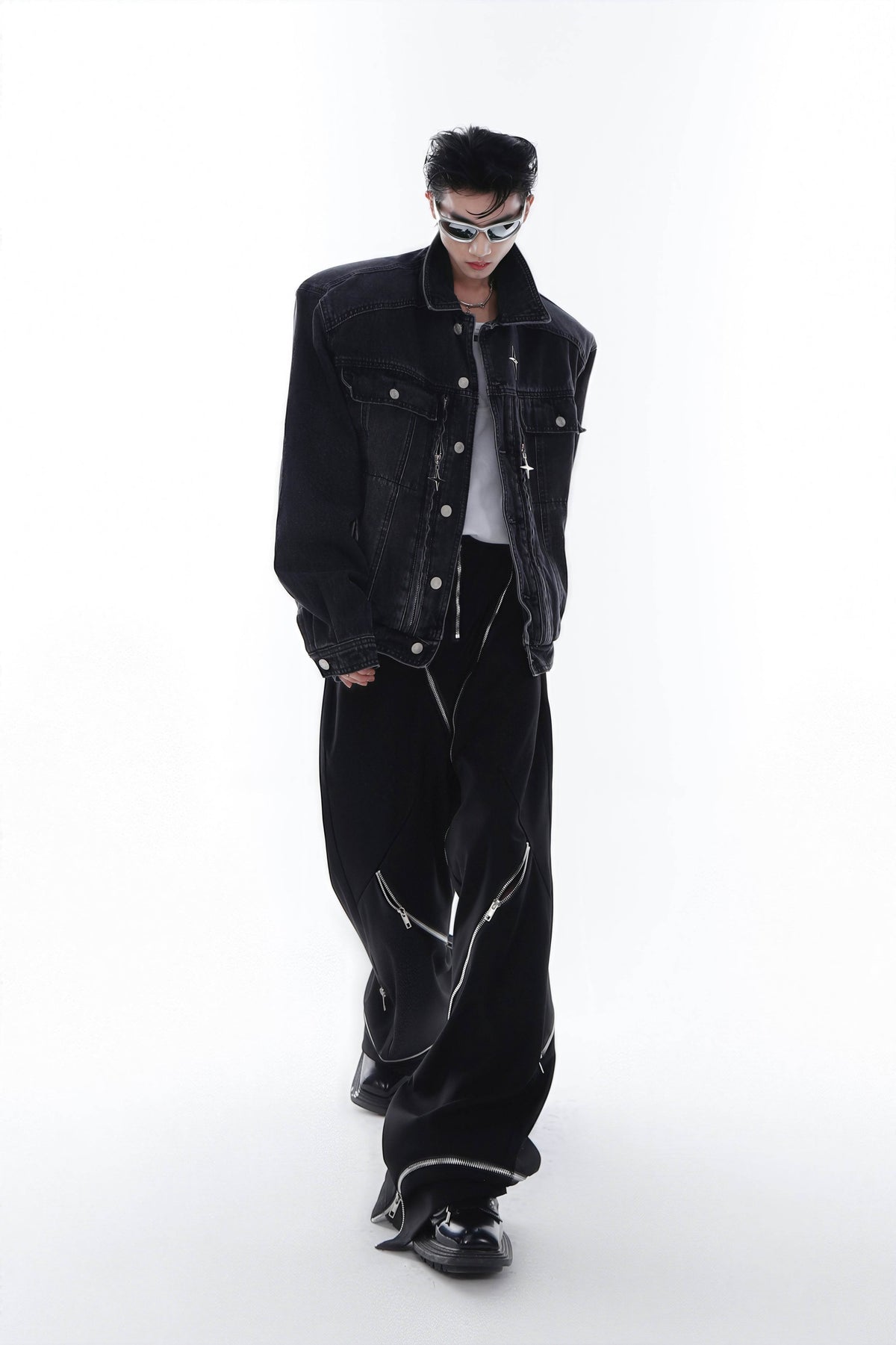 Heavyweight Denim Jacket - Washed Shoulder Pads & Metal Zipper Design