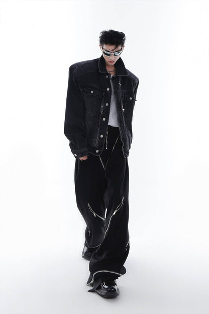 Heavyweight Denim Jacket - Washed Shoulder Pads & Metal Zipper Design