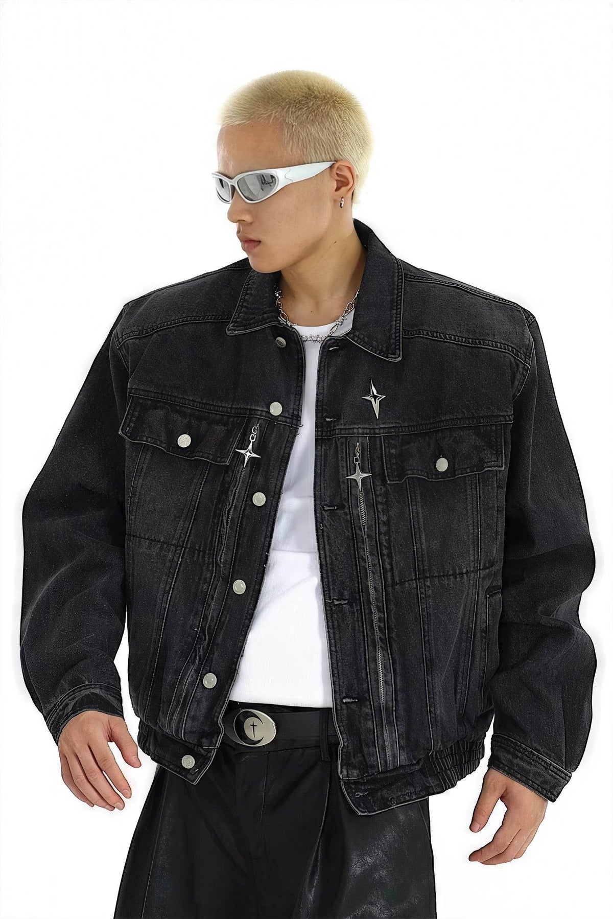 Heavyweight Denim Jacket - Washed Shoulder Pads & Metal Zipper Design