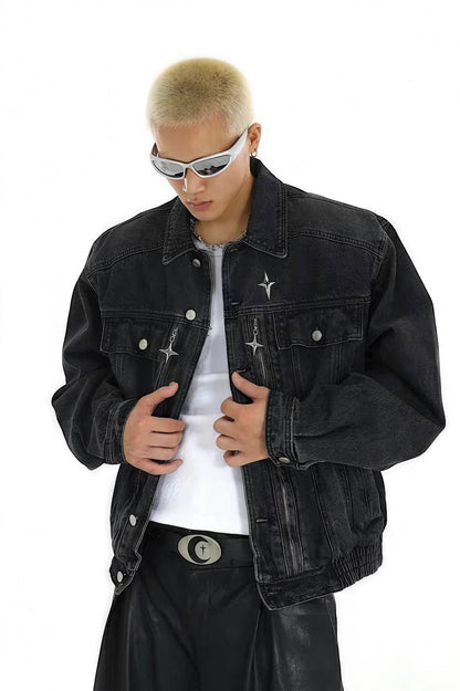 Heavyweight Denim Jacket - Washed Shoulder Pads & Metal Zipper Design
