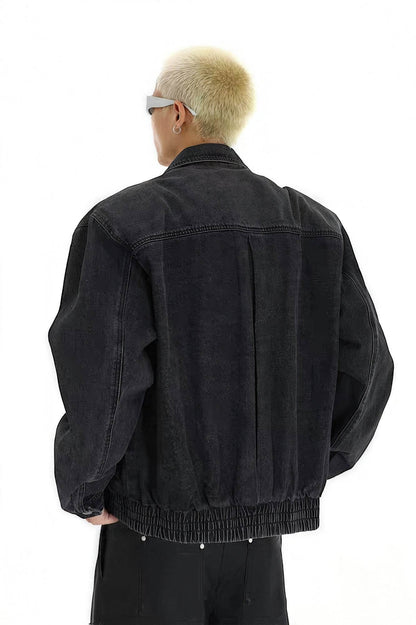 Heavyweight Denim Jacket - Washed Shoulder Pads & Metal Zipper Design
