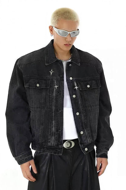Heavyweight Denim Jacket - Washed Shoulder Pads & Metal Zipper Design