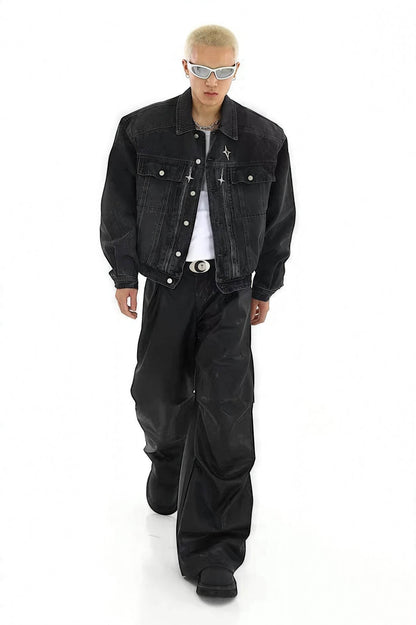 Heavyweight Denim Jacket - Washed Shoulder Pads & Metal Zipper Design