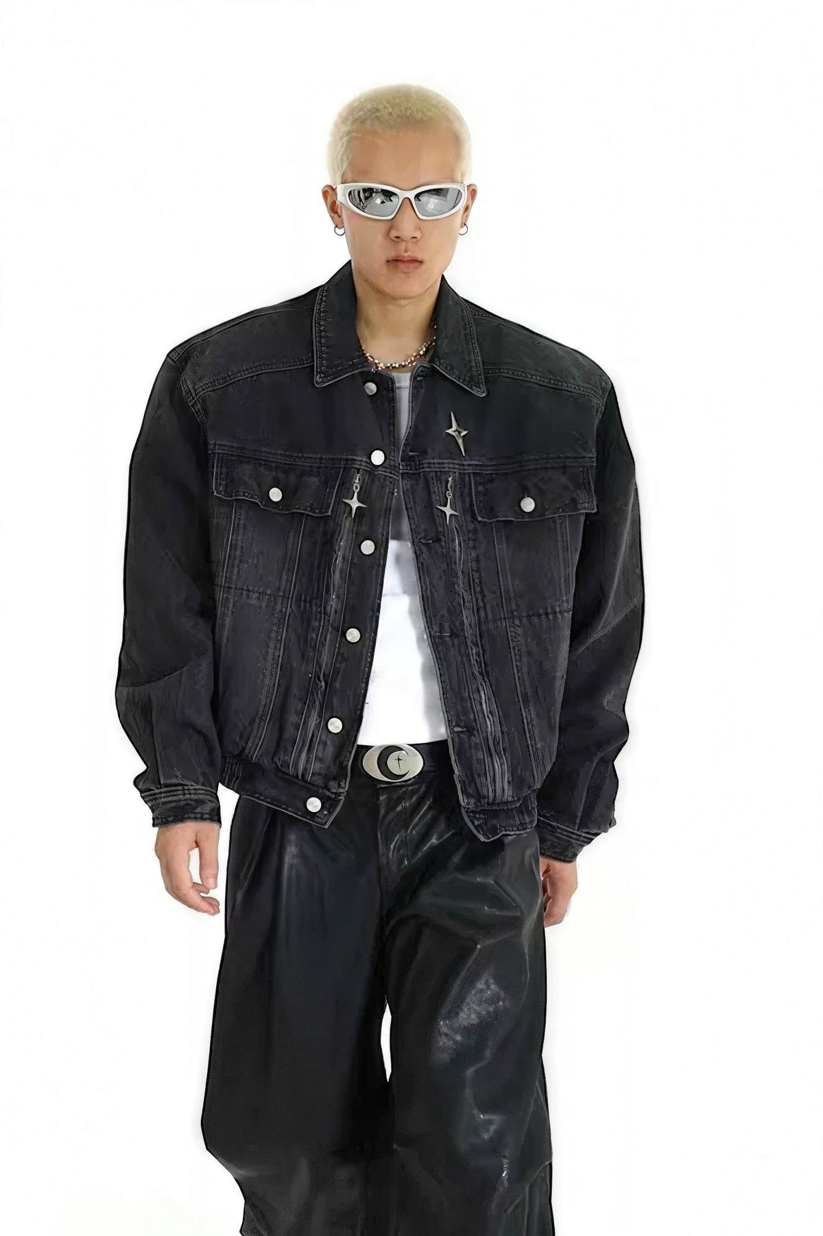 Heavyweight Denim Jacket - Washed Shoulder Pads & Metal Zipper Design