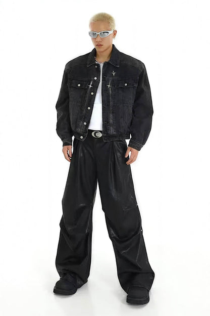 Heavyweight Denim Jacket - Washed Shoulder Pads & Metal Zipper Design