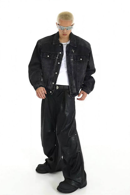 Heavyweight Denim Jacket - Washed Shoulder Pads & Metal Zipper Design