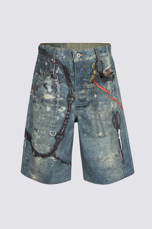 Hard Drive Scissors Print Denim Shorts